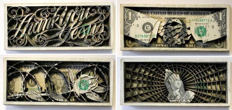 Scott Campbell's laser-cut tattoo designs in dollar bills. (Image: Scott Campbell)