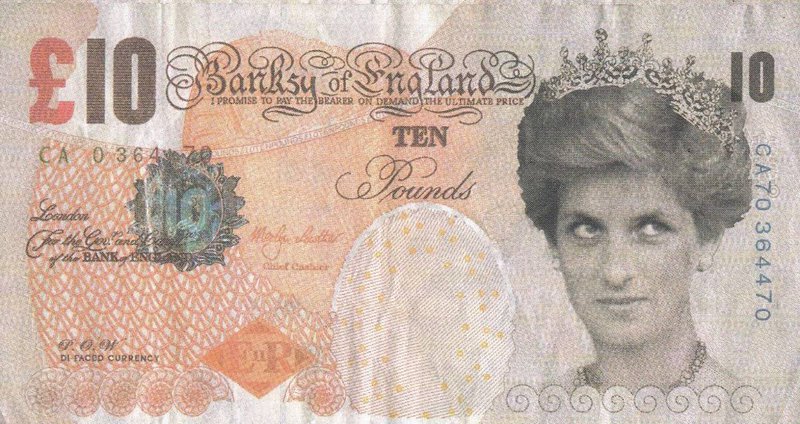 Banksy's version of the Bank of England £10 banknote, replacing the Queen with Princess Diana. (Image: American Numismatic Society)